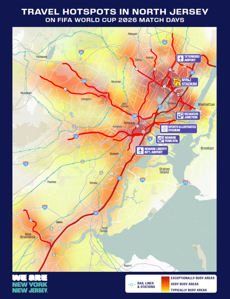 Heat map of travel congestion in North Jersey during FIFA World Cup 2026 match days, with exceptionally busy areas near MetLife Stadium, Newark Penn Station, and Secaucus Junction.