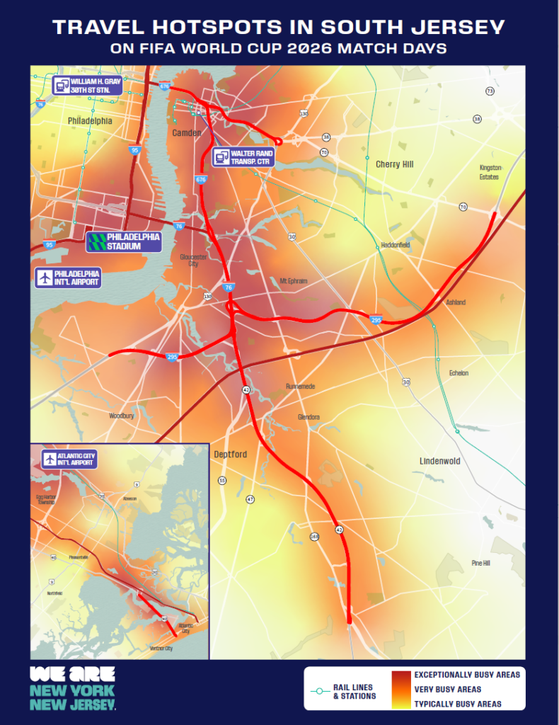 Heat map of travel congestion in South Jersey during FIFA World Cup 2026 match days, with exceptionally busy areas near Philadelphia Stadium, Philadelphia International Airport, and Walter Rand Transportation Center.